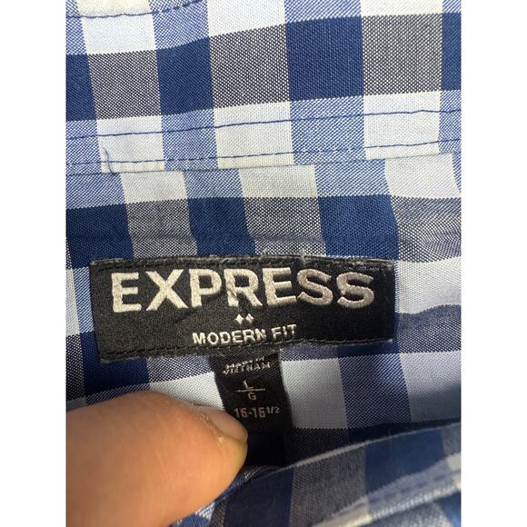Express Modern Fit 16-16 1/2 Plaid Blue Button up Shirt Large preppy academia - Picture 4 of 8